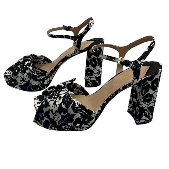 Kate Spade Lucie Tropical Foliage Silk Platform Heels Sandals Black White 9 - Picture 5 of 11
